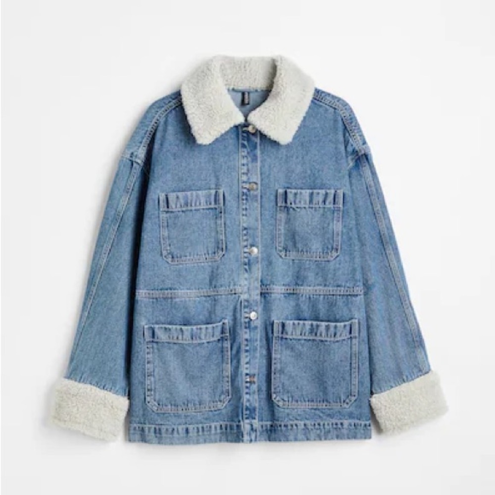 H&M+ BORG-COLLARED DENIM JACKET. Size small.